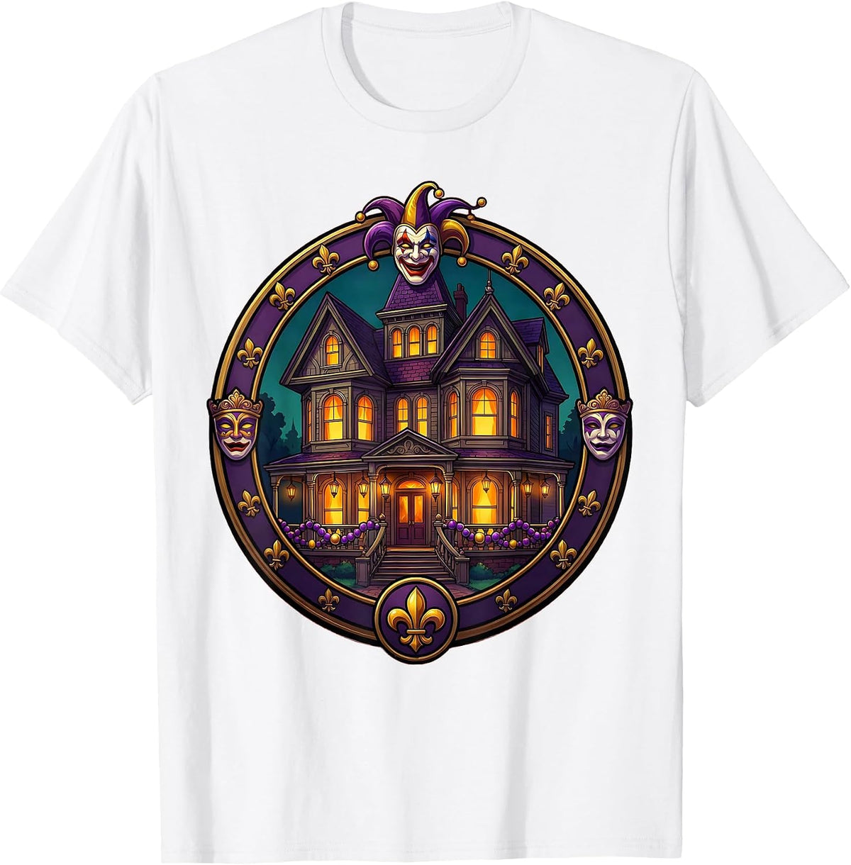Men's Mardi Gras Victorian Mansion Lantern Balcony T-Shirt - White