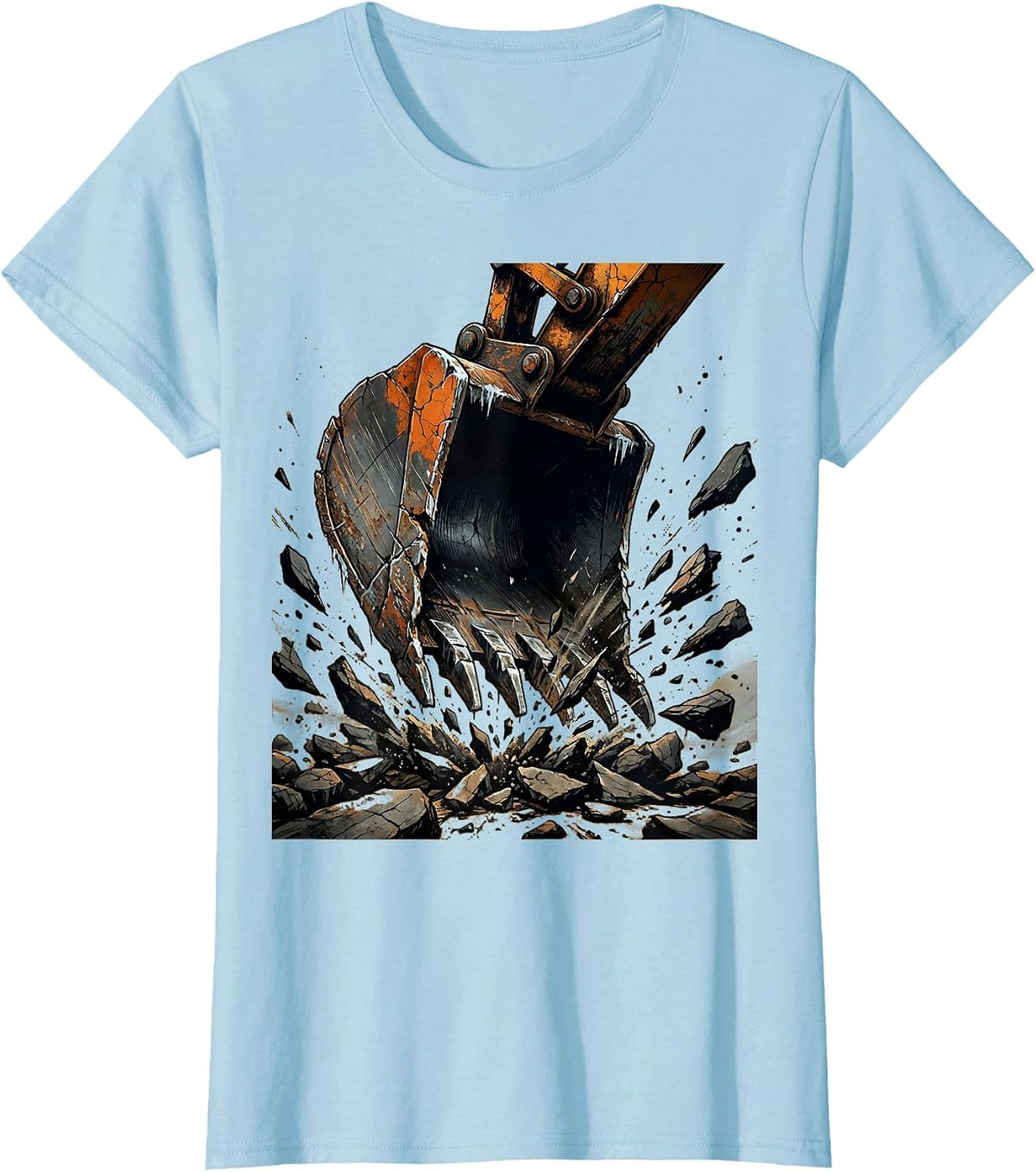 Excavator Bucket Breaking Rock Ground Illustration T-Shirt - Baby Blue
