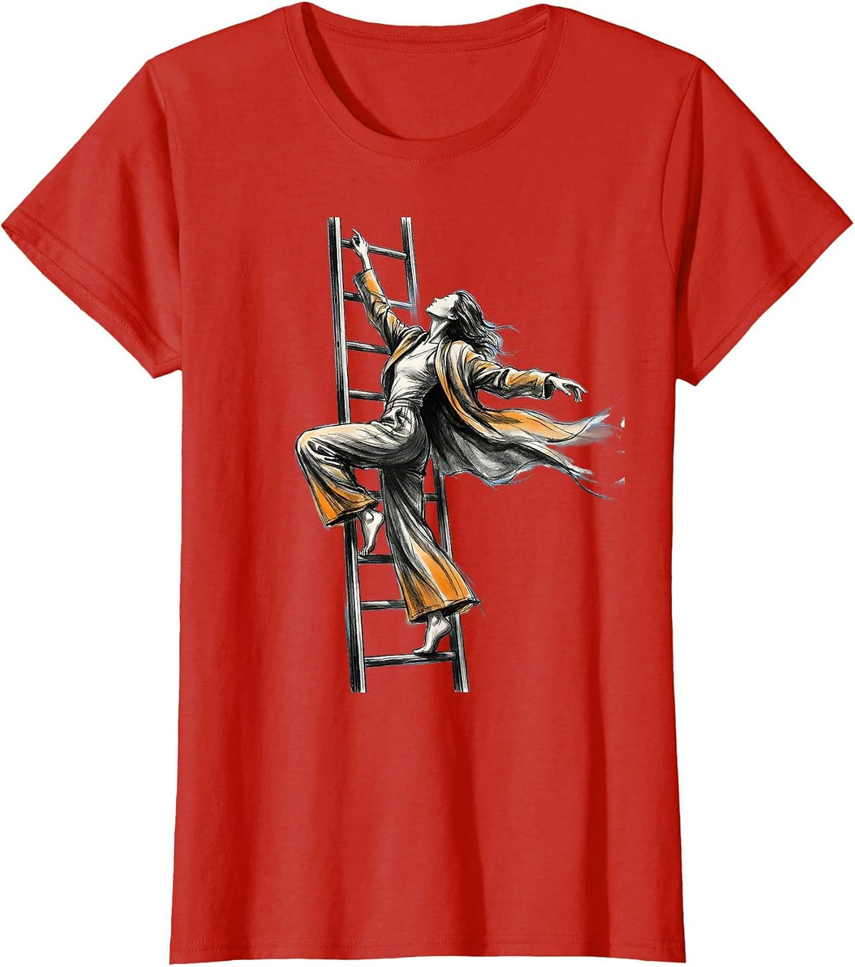 Woman Climbing Ladder Into Open Sky Graphic T-Shirt - Red