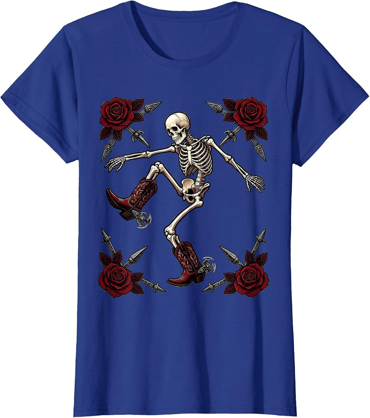 Women's Cowboy Boot Line Dancing Skeleton Graphic T-Shirt - Royal Blue