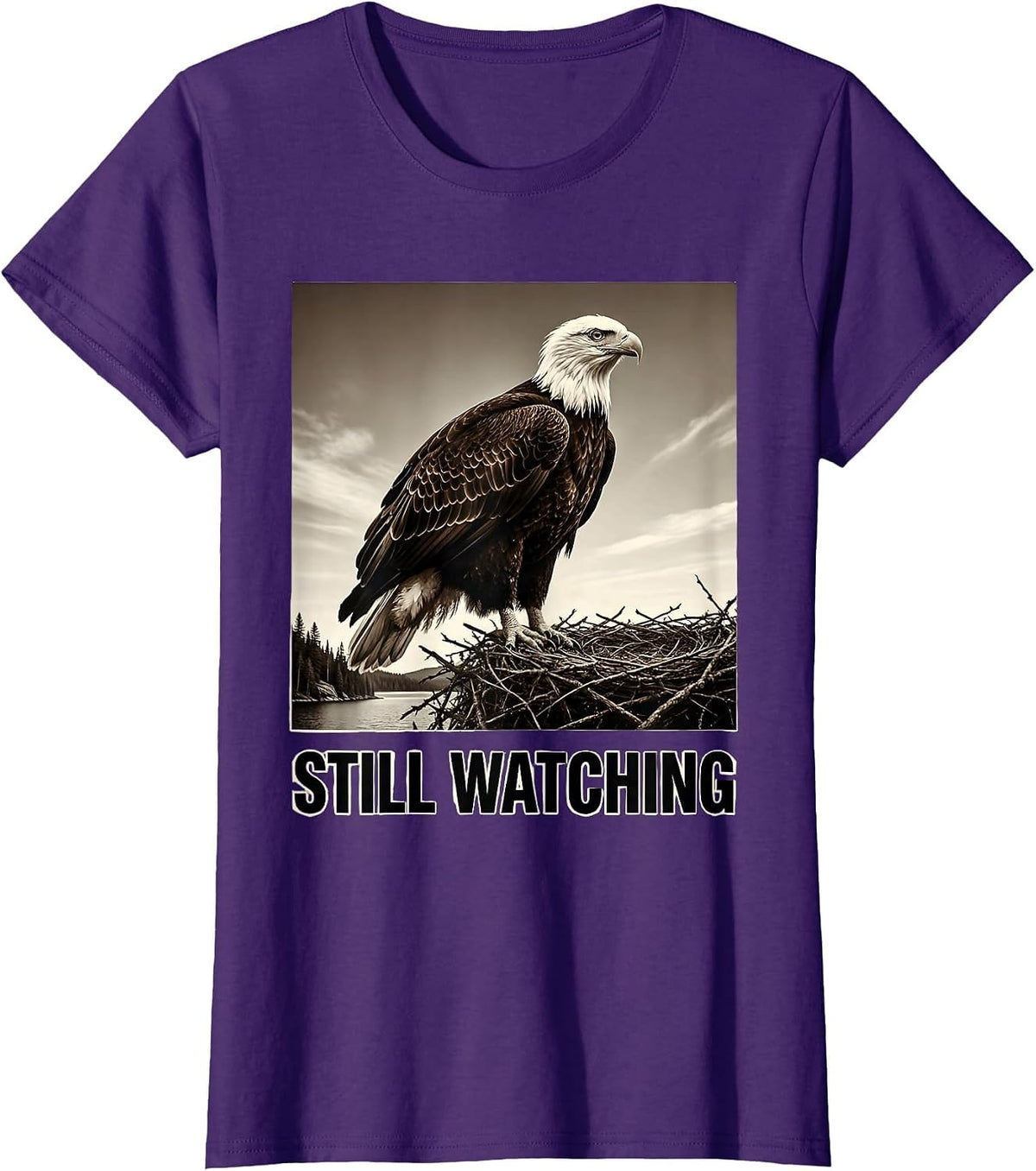 Women's Still Watching Monochromatic Bald Eagle Memorial Big Bear T-Shirt - Purple