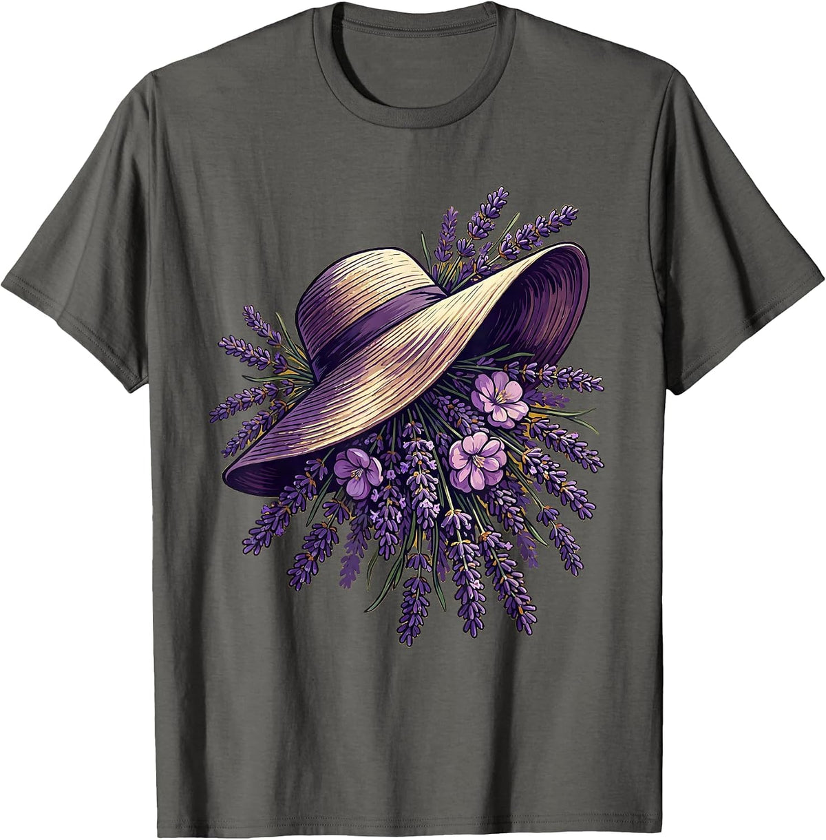 Gigi Lavender Field Sunhat Lounging Illustration T-Shirt - Asphalt Grey