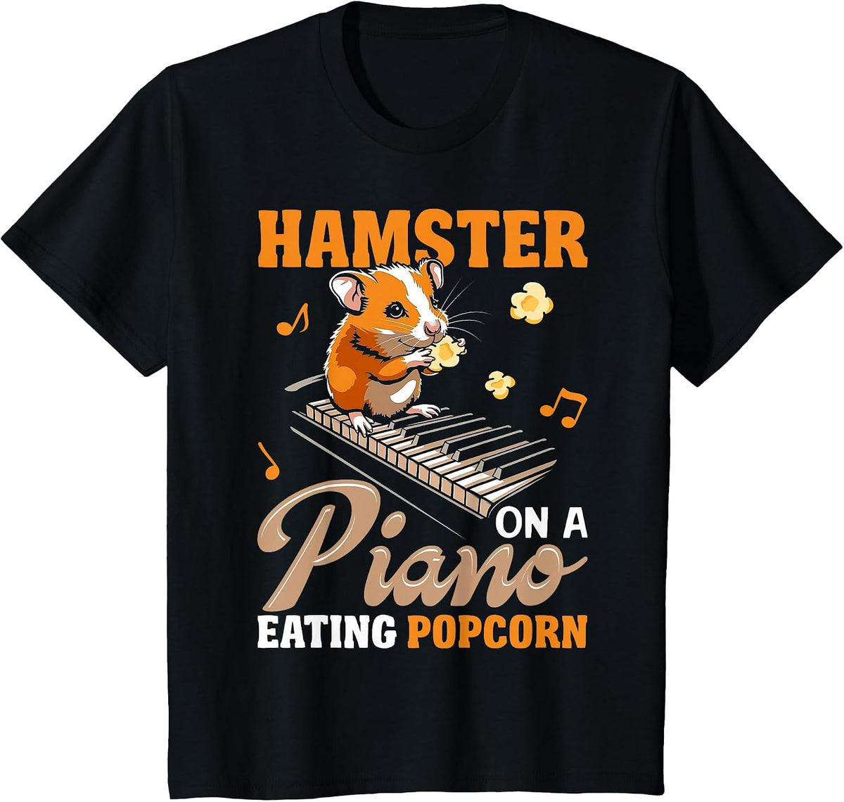 Funny Hamster On A Piano Eating Popcorn T-Shirt - Black