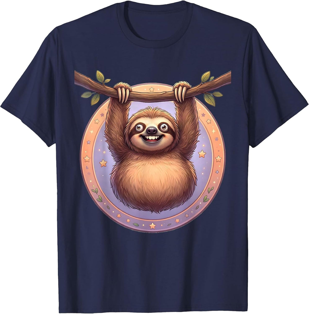 Derpy Sloth Hanging Upside Down Funny Design T-Shirt - Navy Blue