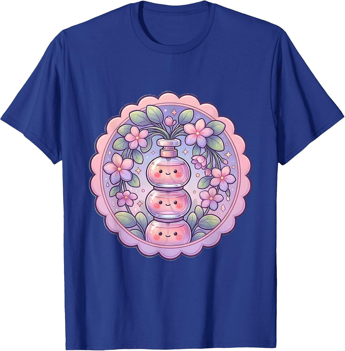 Gigi Perfume Bottles and Cascading Flowers T-Shirt - Royal Blue