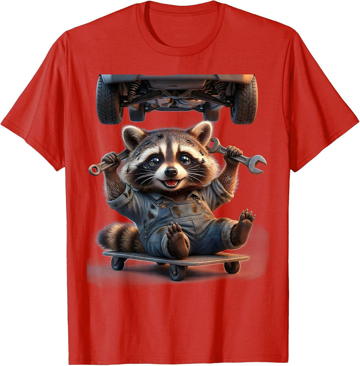 Men's Raccoon Mechanic Grease Monkey Garage Art T-Shirt - Red