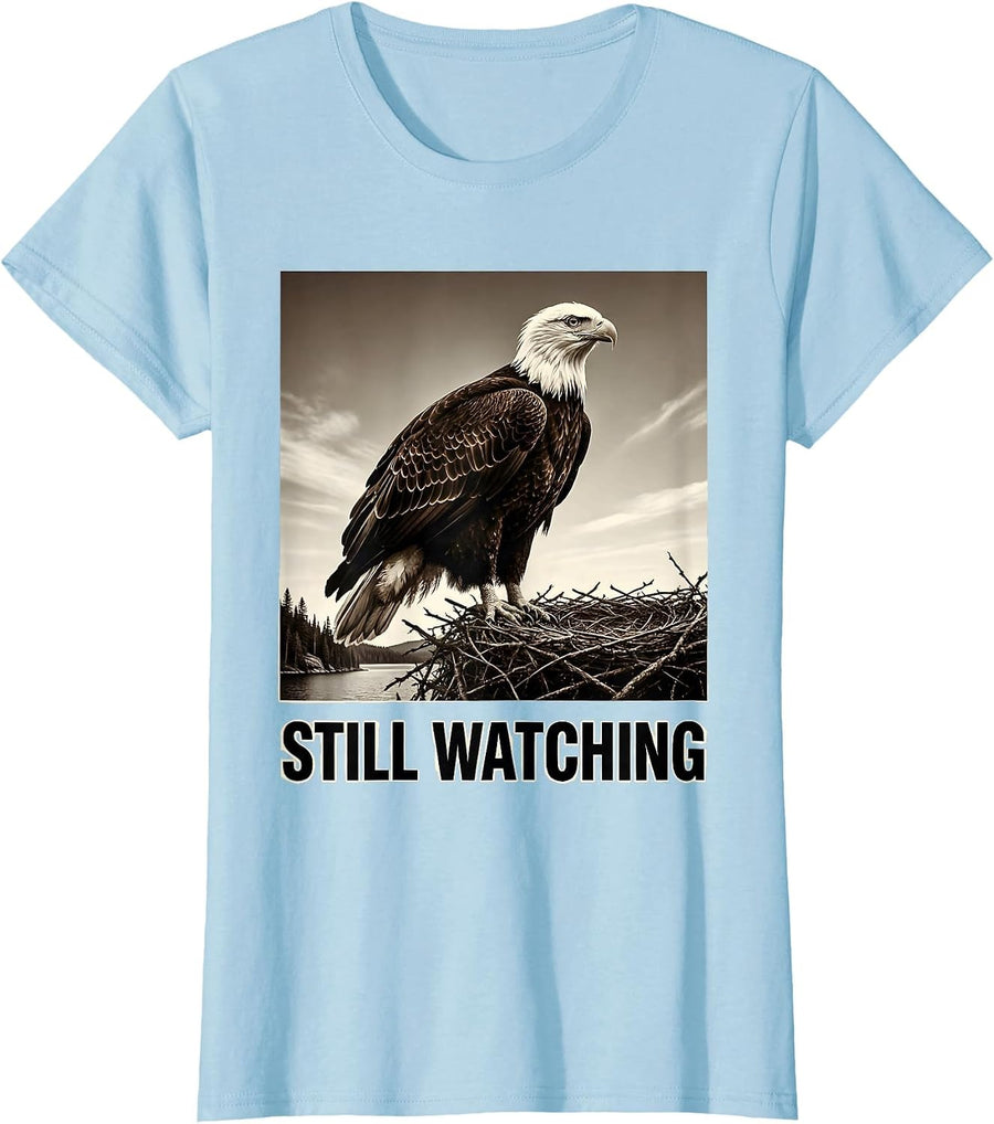 Women's Still Watching Monochromatic Bald Eagle Memorial Big Bear T-Shirt - Baby Blue