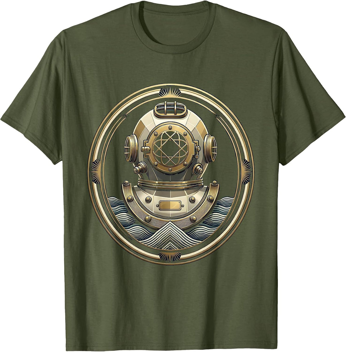 Men's Vintage Diving Helmet Seafloor Cruise Design T-Shirt - Olive Green