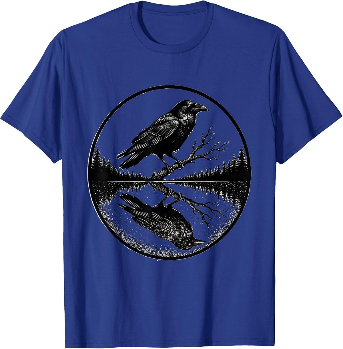 Crow Reflected in Still Forest Pond T-Shirt - Royal Blue
