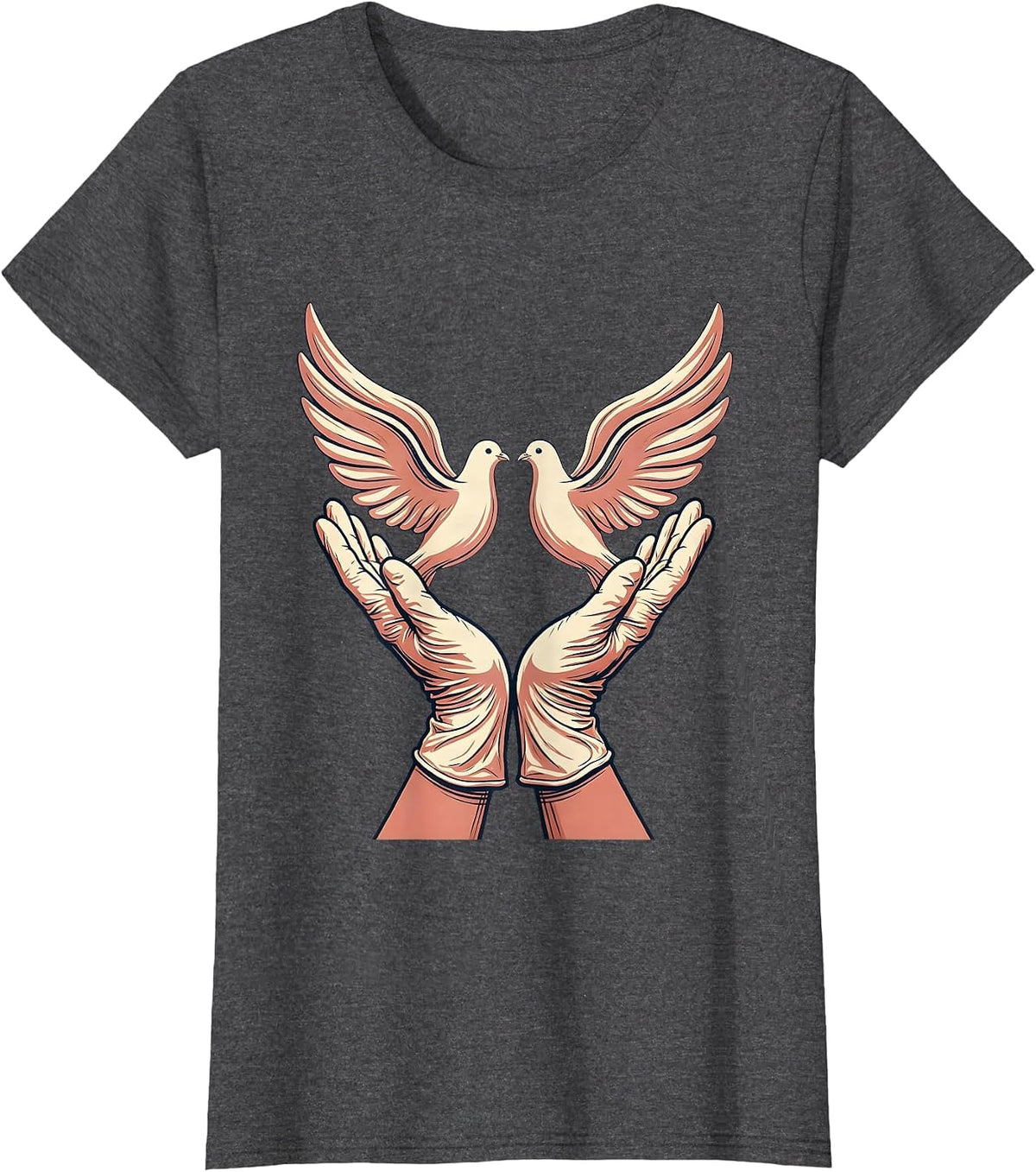 Women's Nurse Surgical Gloves Releasing Doves Graphic T-Shirt - Dark Heather Grey