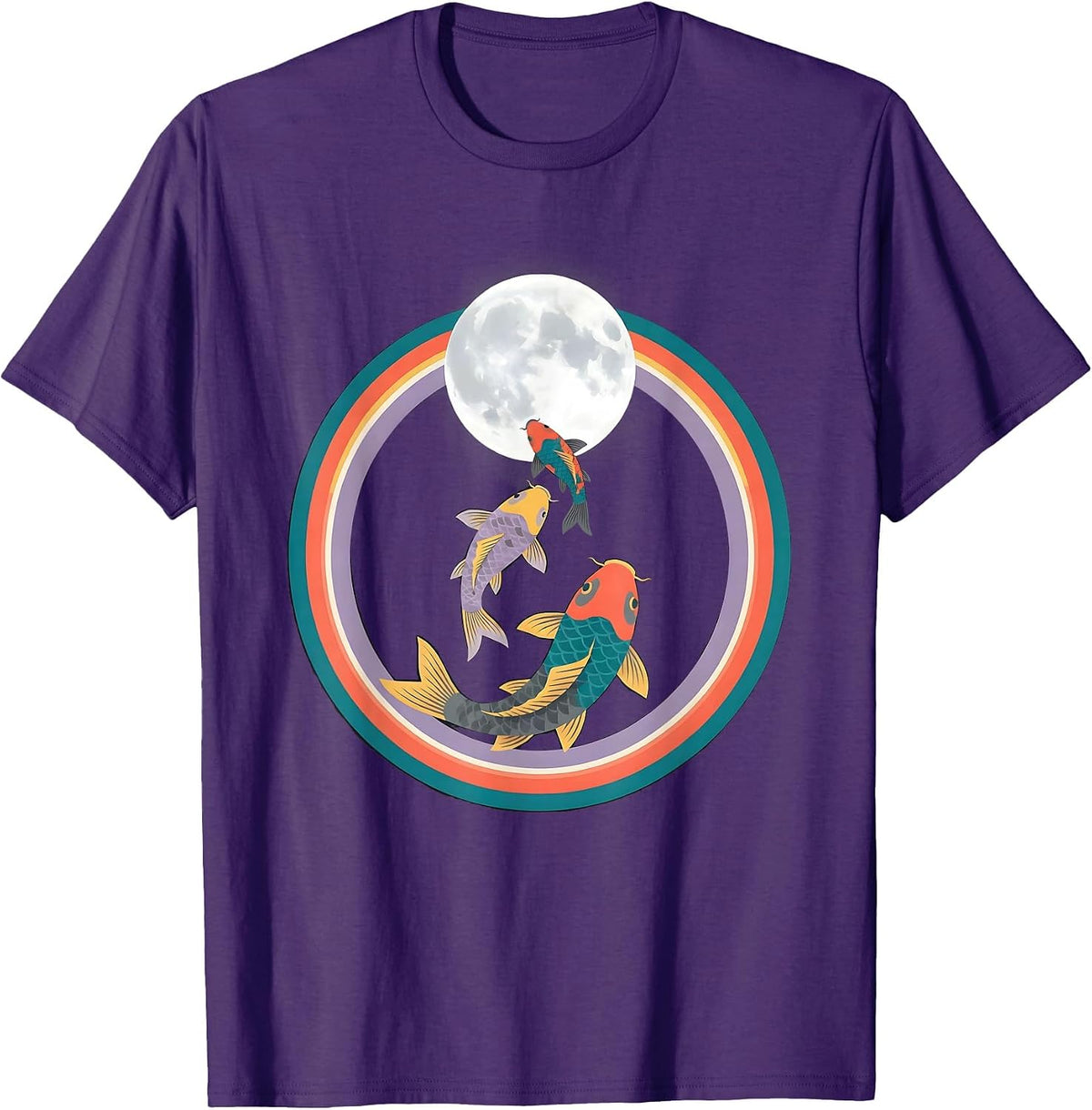 Men's Three Koi Fish Moon Flat Vector Animal Meme Parody T-Shirt - Purple
