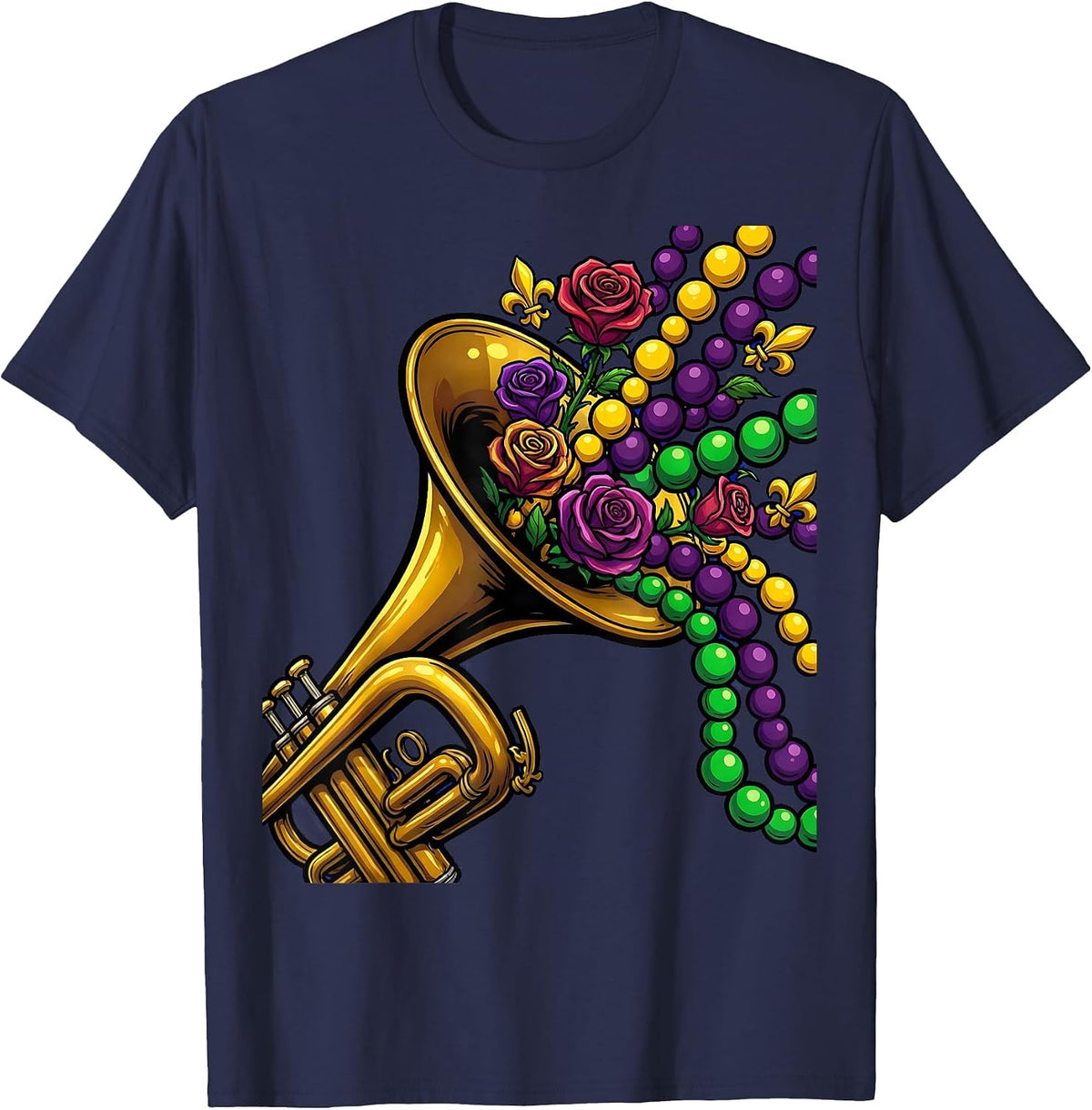 Mardi Gras Trumpet Blooms and Beads Illustration T-Shirt - Navy Blue