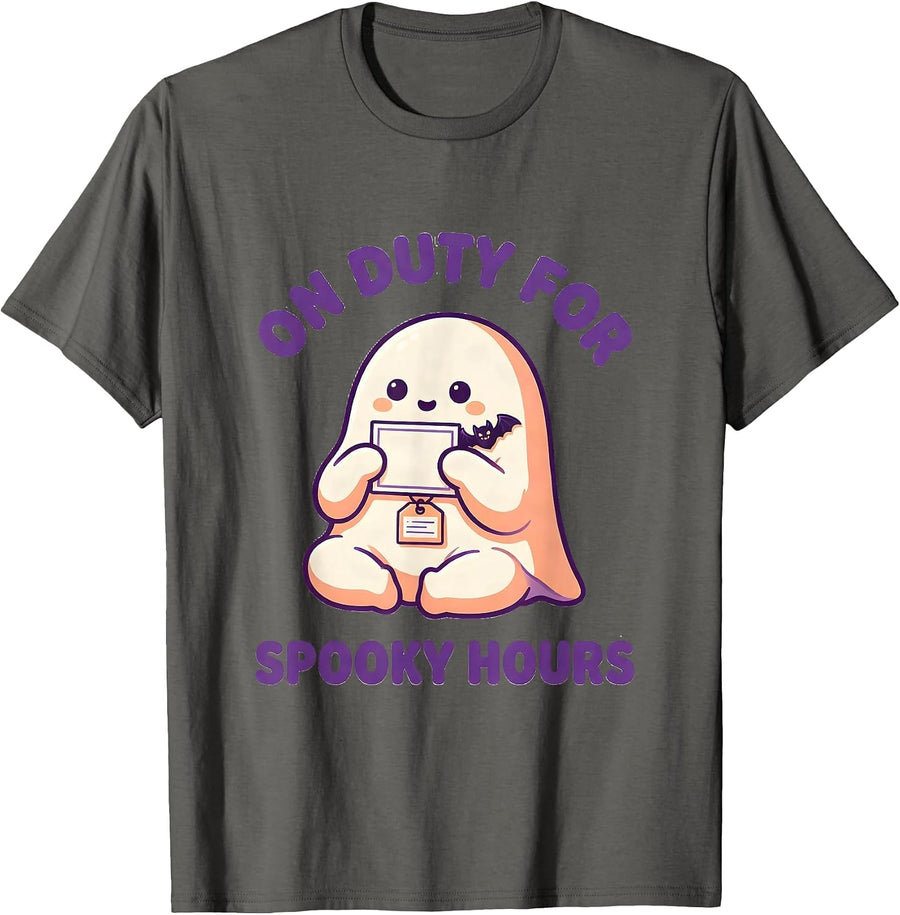 On Duty For Spooky Hours Cute Kawaii Ghost SPED T-Shirt - Asphalt Grey