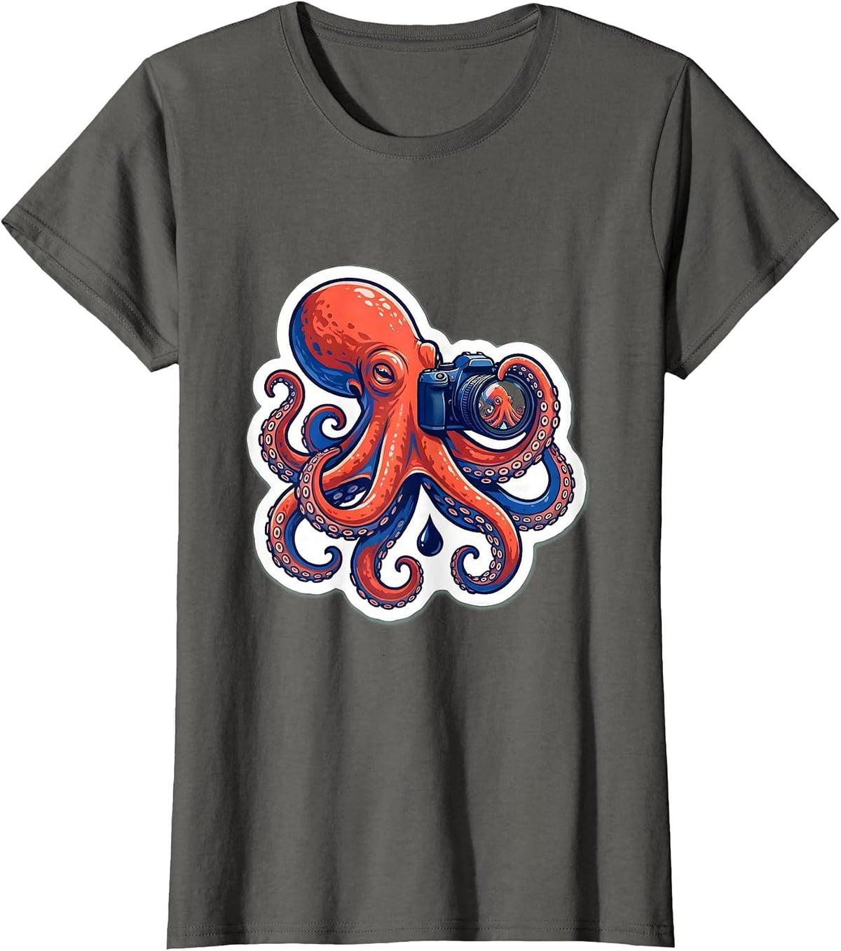 Women's Octopus Photographer Sticker Style Marine Biology Humor T-Shirt - Asphalt Grey