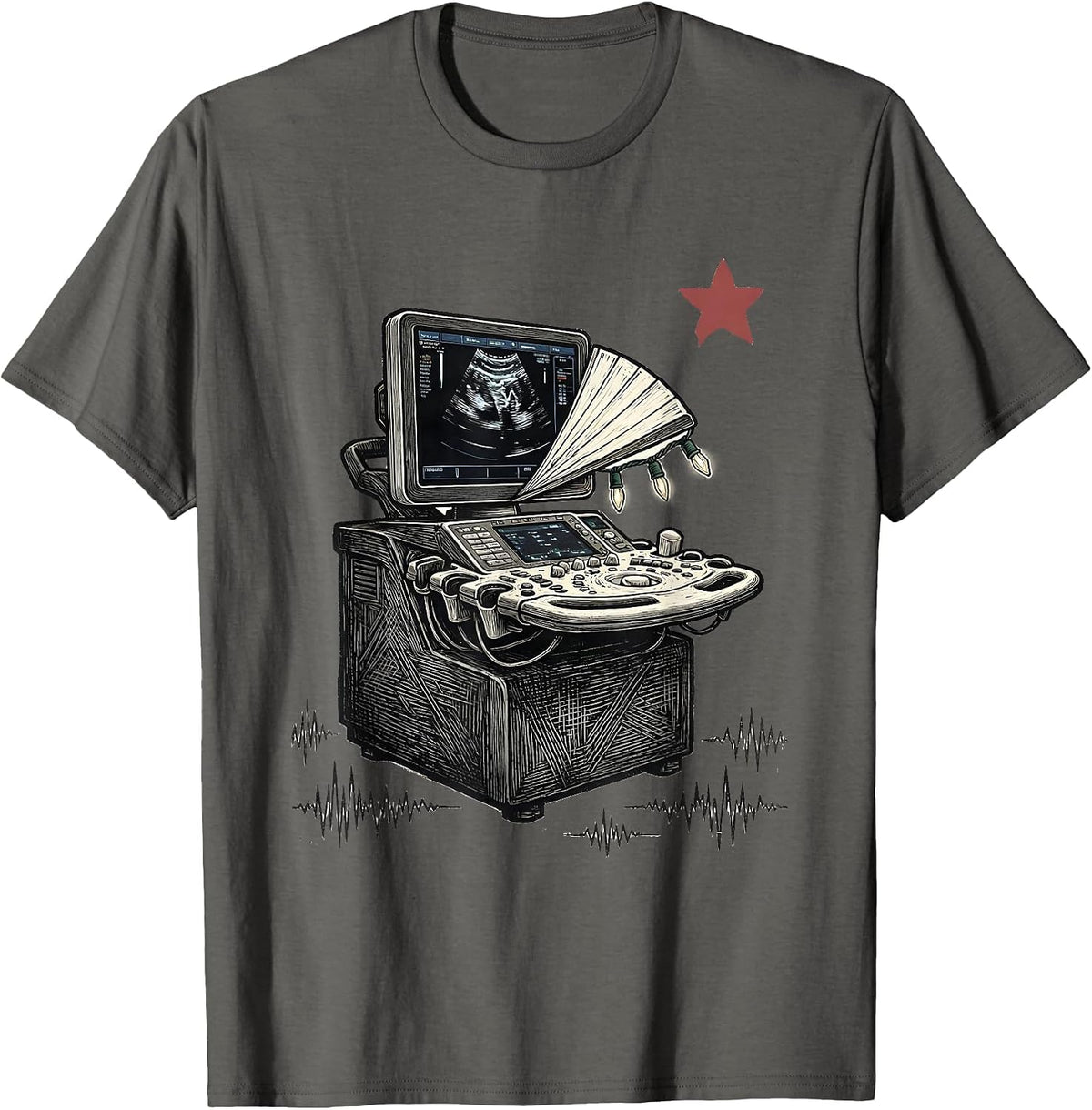 Dark Ultrasound Console Christmas Light String Sonographer T-Shirt - Asphalt Grey