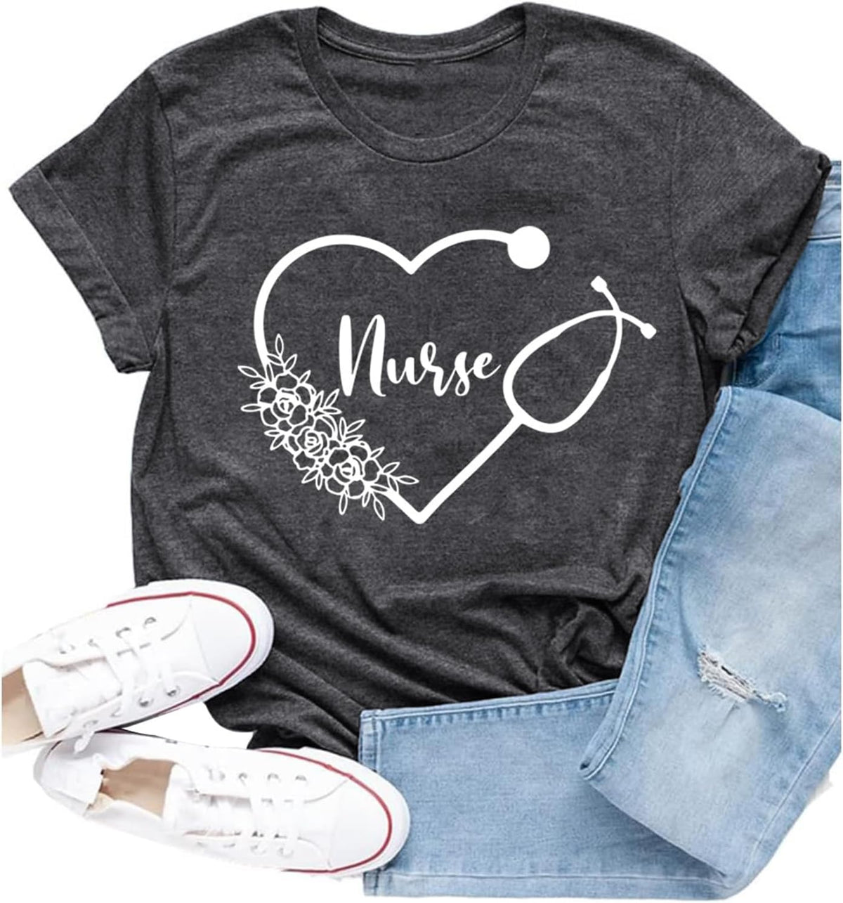Womens Nurse Shirt Nurse Week Tee Nursing Stethoscope Heart Tops - Grey