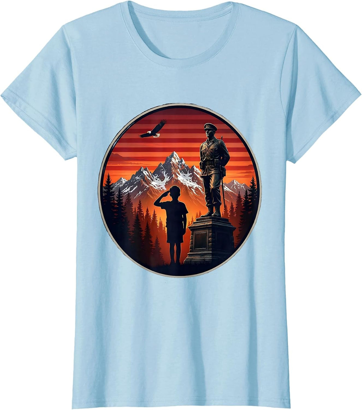 Young Patriot Saluting War Memorial Illustration T-Shirt - Baby Blue