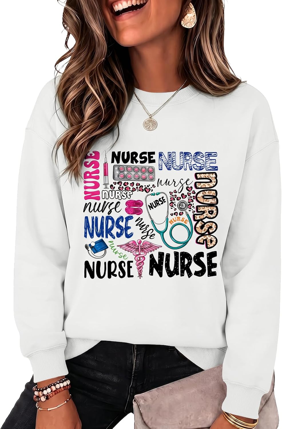 Nurse Sweatshirt for Women Graphic Crewneck Long Sleeve Stethoscope Nursing Sweatshirts Nurses Christmas Pullover - White