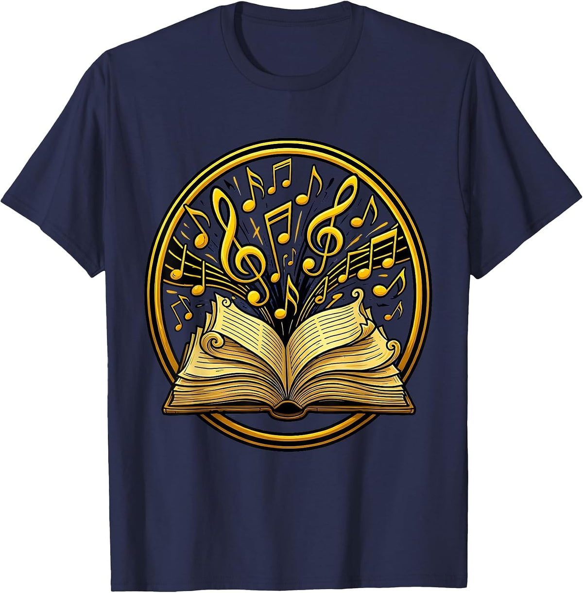 Music Teacher Open Book Flying Notes Illustration T-Shirt - Navy Blue