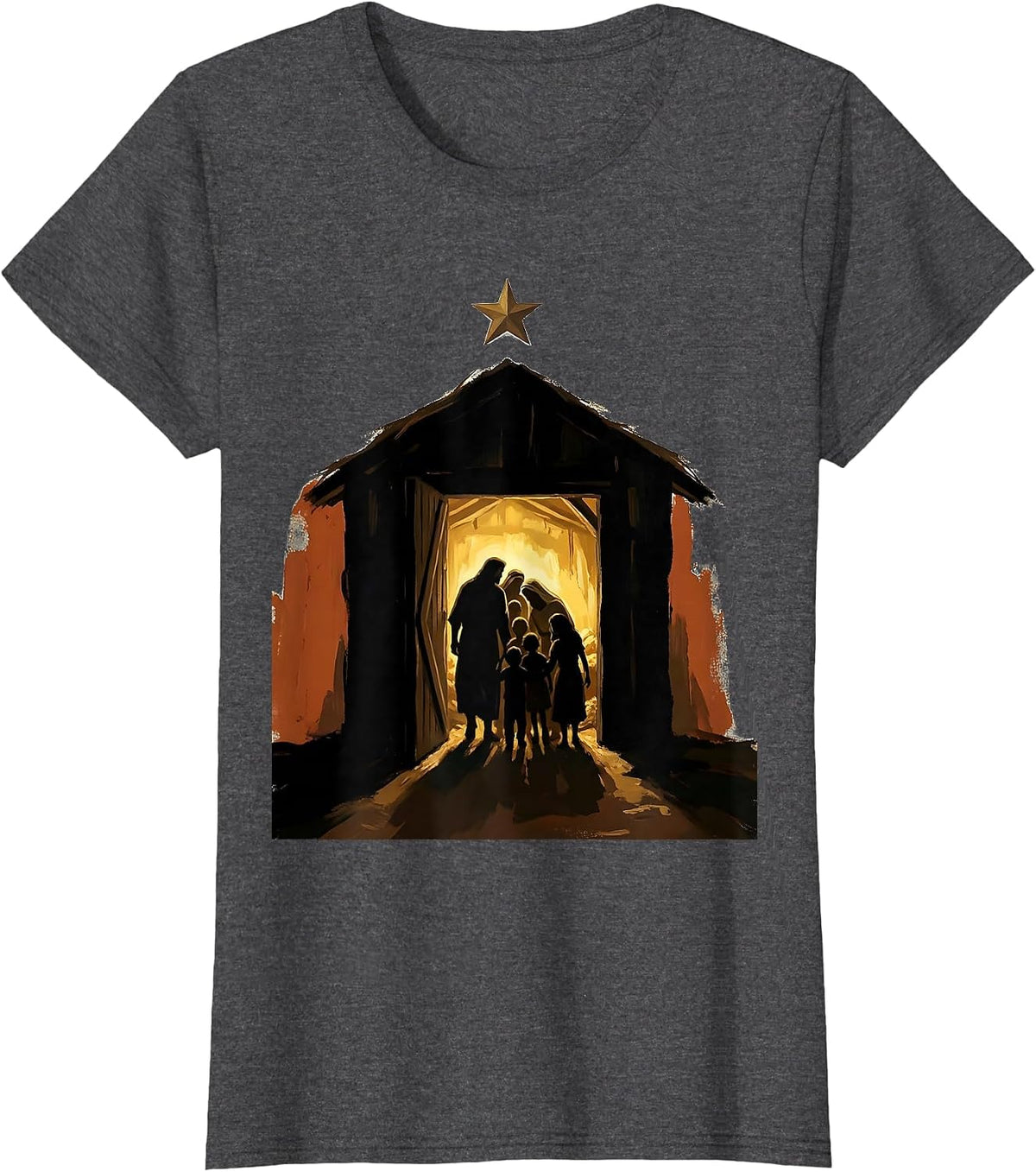 Women's Open Door Nativity Family Christmas Faith Tribute T-Shirt - Dark Heather Grey