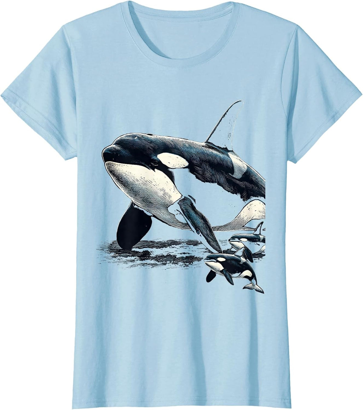 Women's Orca Whale Woodcut Engraving Marine Wildlife Lover Humor T-Shirt - Baby Blue