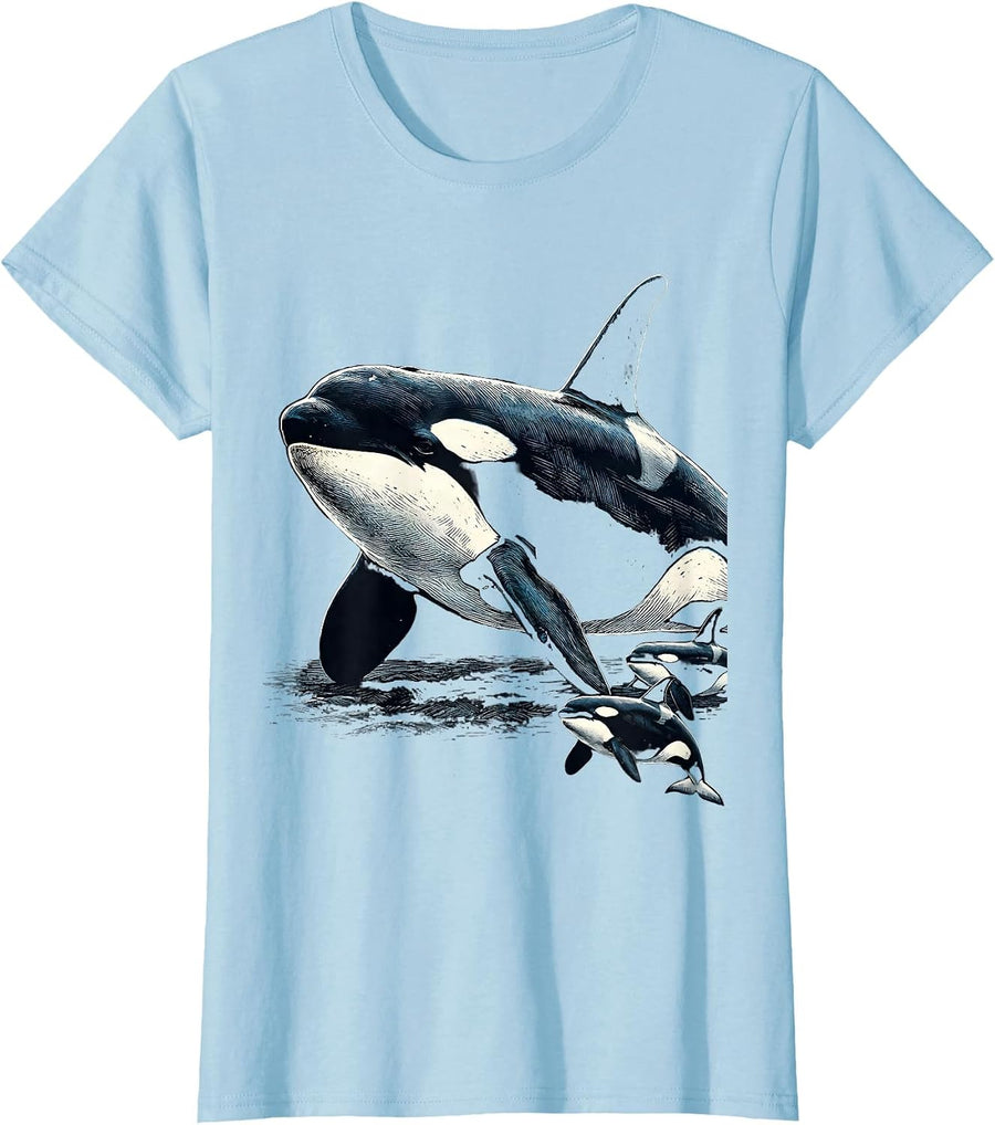 Women's Orca Whale Woodcut Engraving Marine Wildlife Lover Humor T-Shirt - Baby Blue