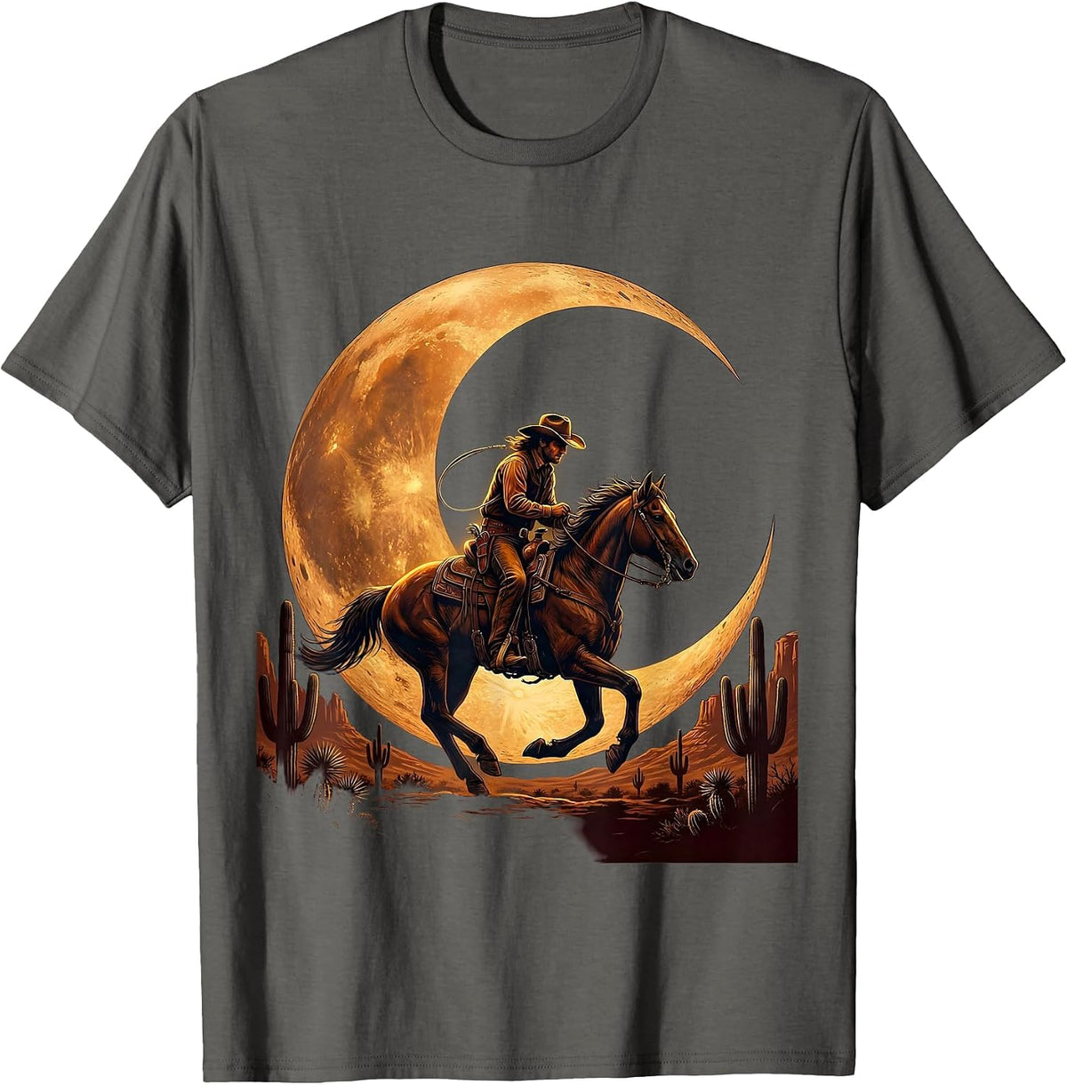 Cowboy Riding Silhouette Crescent Moon Design T-Shirt - Asphalt Grey