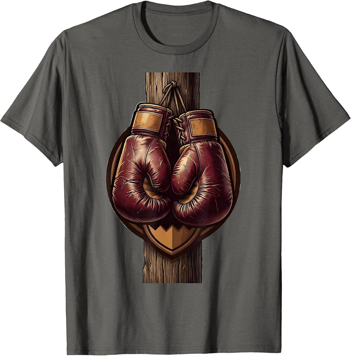 Men's Vintage Boxing Gloves Hanging on Wooden Post T-Shirt - Asphalt Grey