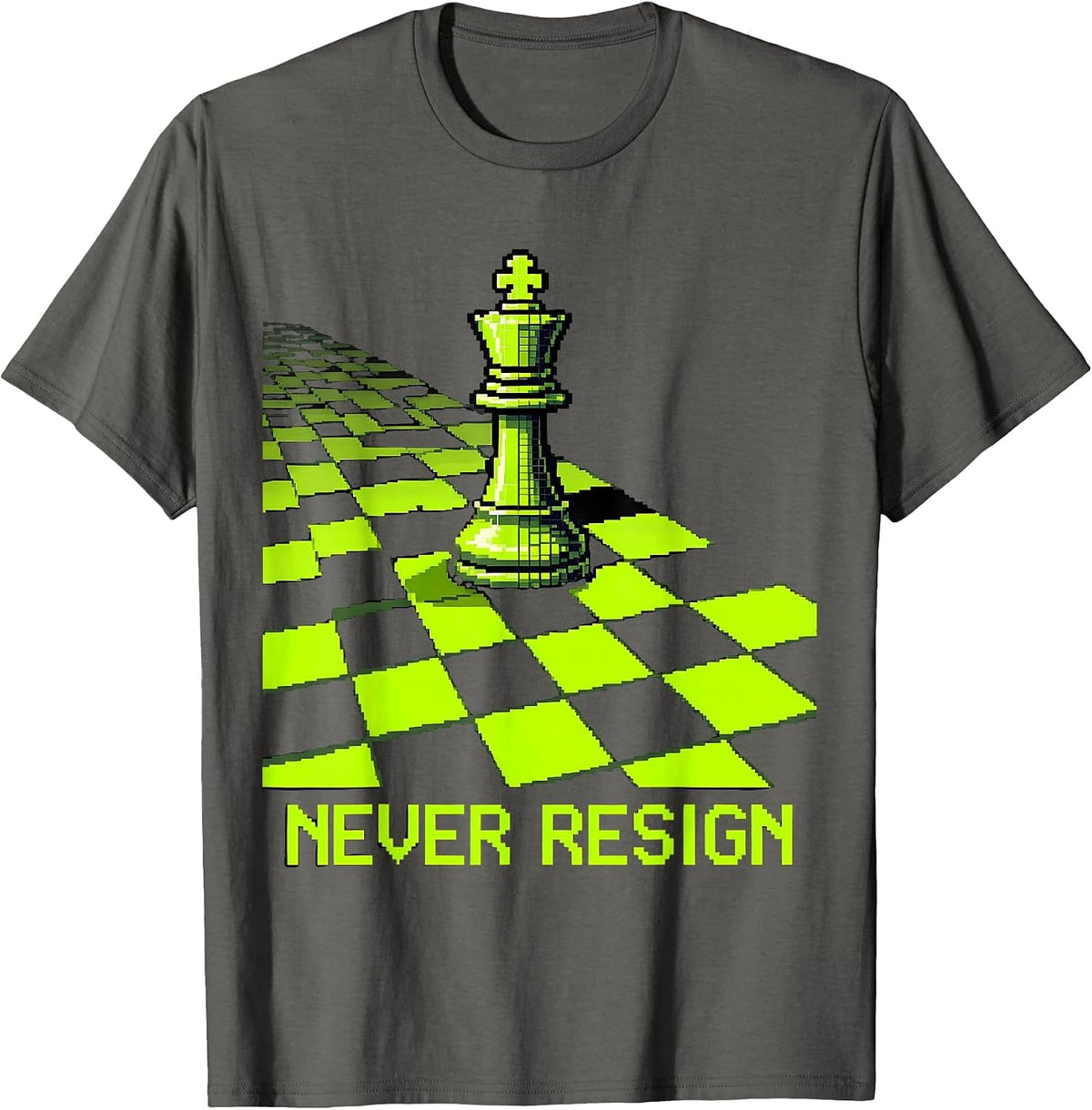 Men's Never Resign Pixel Art Chess Player Strategic Wit Humor T-Shirt - Asphalt Grey