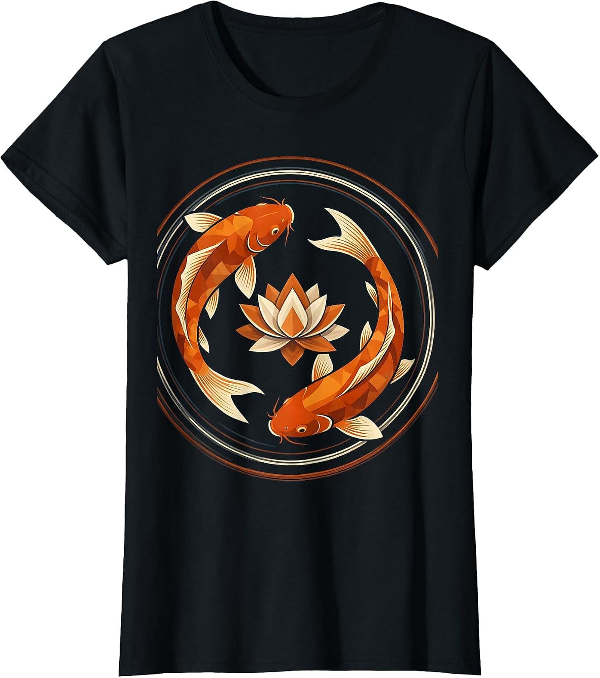 Koi Fish and Lotus Flower Swirl Design T-Shirt - Black
