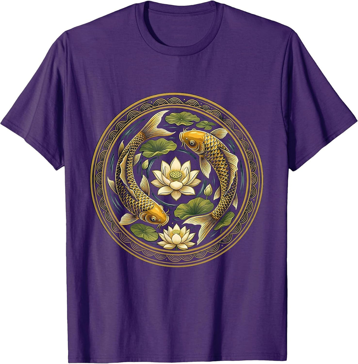 Koi and Lotus Flowers Japanese Pond Design T-Shirt - Purple