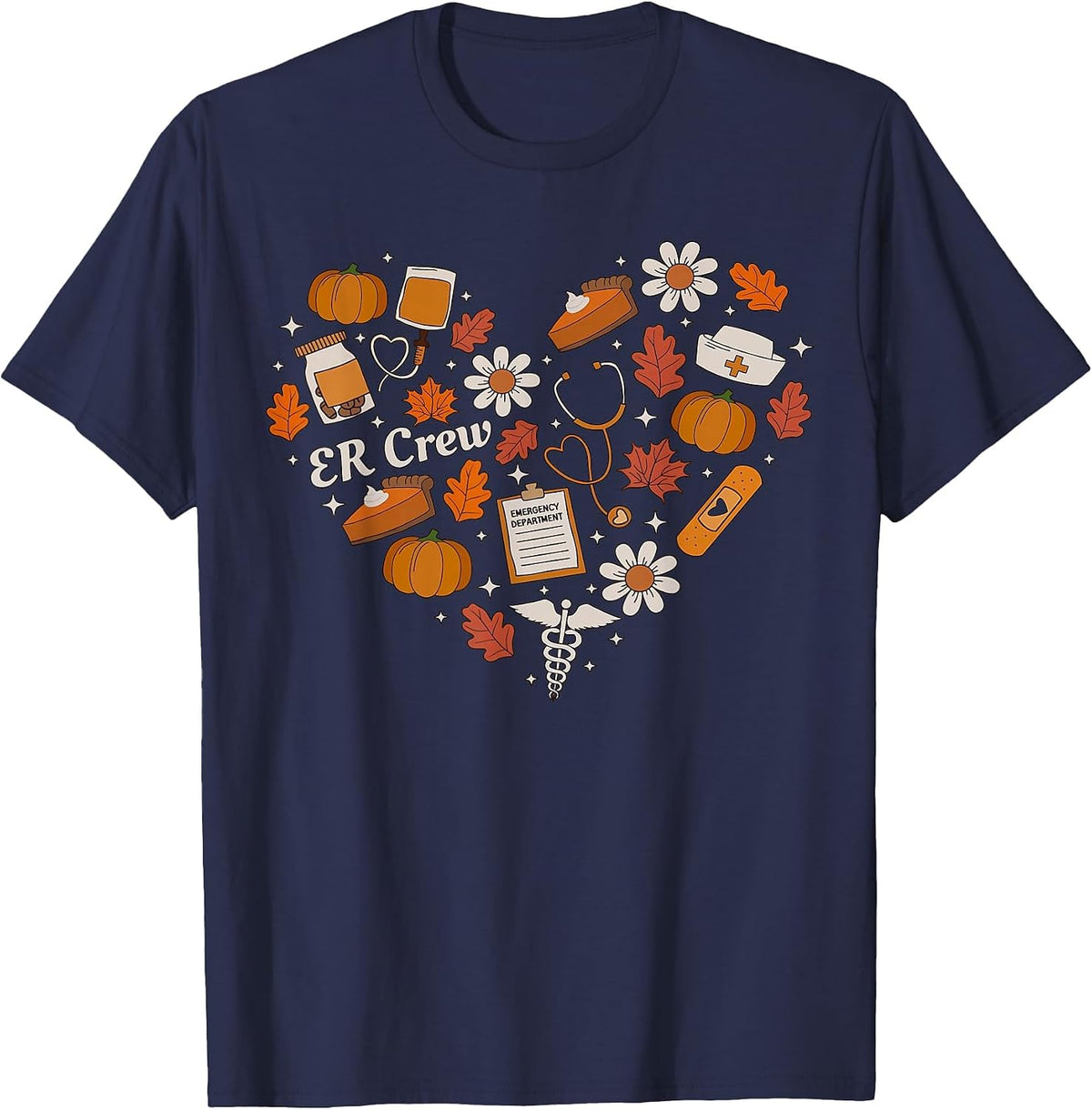Fall Emergency Department Leaves Heartbeat Thanksgiving ER T-Shirt - Navy Blue