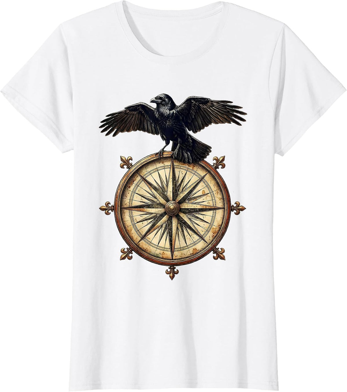 Crow Perched on Vintage Compass Rose T-Shirt - White
