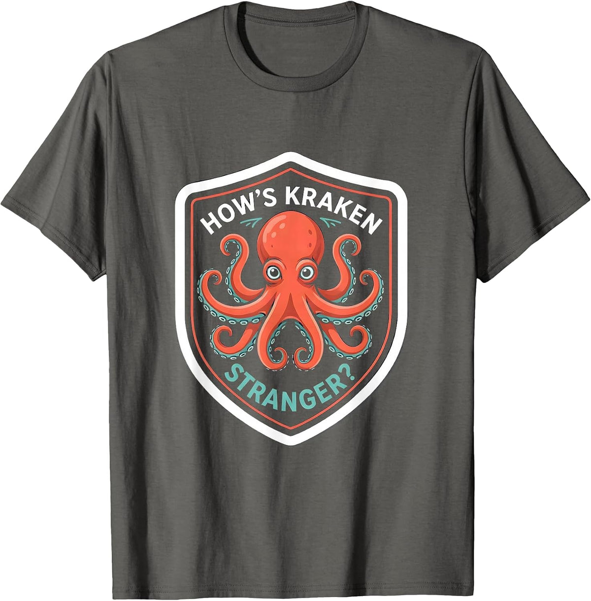 Men's How's Kraken, Stranger? Playful Octopus Lover Sticker Style T-Shirt - Asphalt Grey