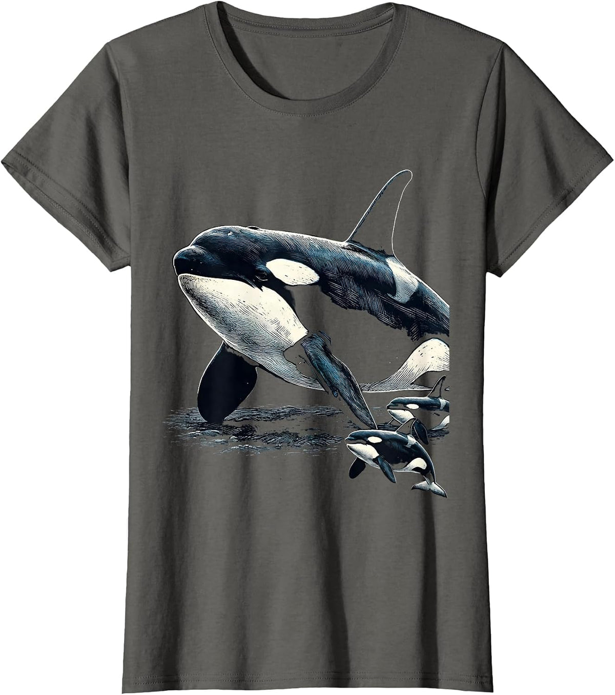 Women's Orca Whale Woodcut Engraving Marine Wildlife Lover Humor T-Shirt - Asphalt Grey