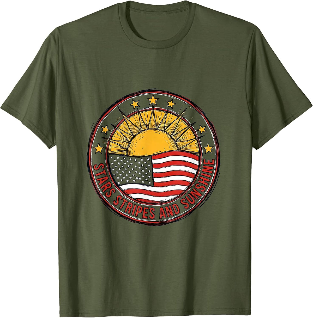 Men's Stars Stripes and Sunshine USA Patriotic Design T-Shirt - Olive Green