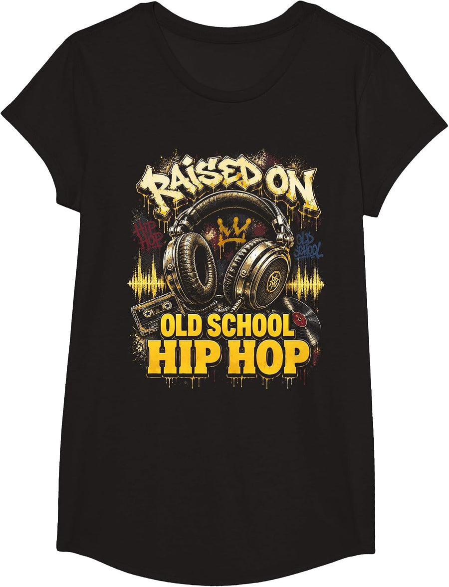 Raised On Old School Hip Hop Cassette Graffiti Rap T-Shirt, Girls, Black, Small - As Pictured