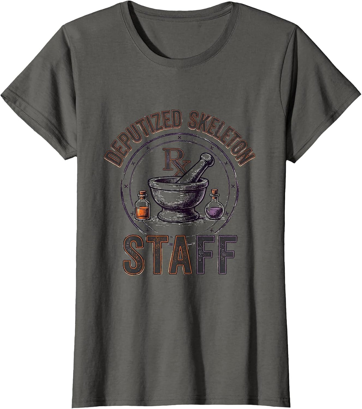 Women's Deputized Skeleton Staff Funny Pharmacy Tech Halloween T-Shirt - Asphalt Grey