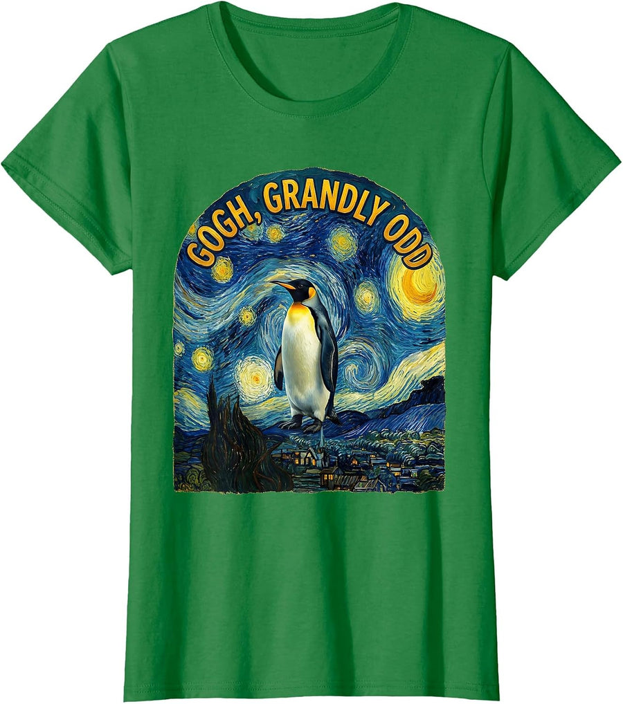 Women's Gogh, Grandly Odd Funny Van Gogh Art Penguin Lover Humor T-Shirt - Kelly Green