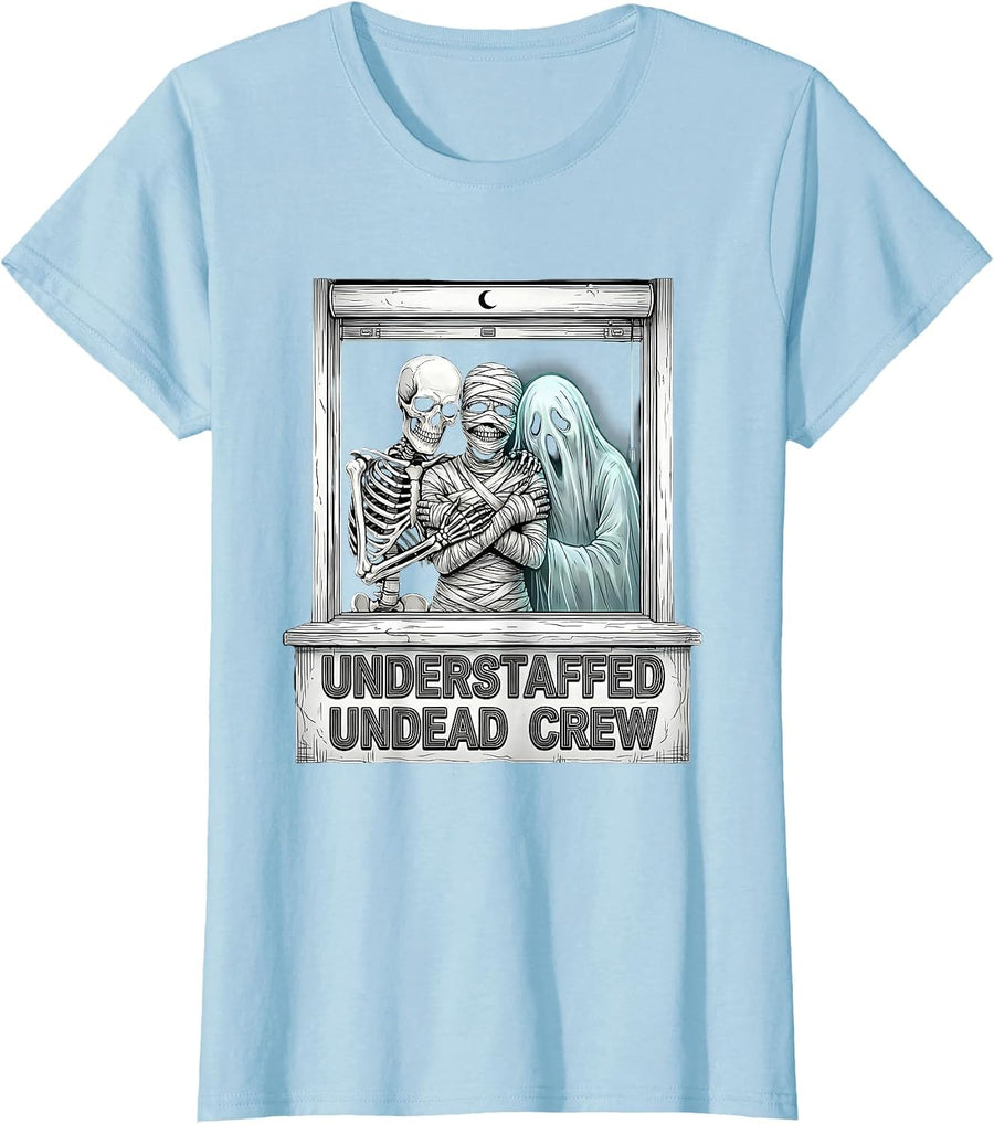 Women's Understaffed Undead Crew Funny Pharmacy Tech Halloween Crew T-Shirt - Baby Blue