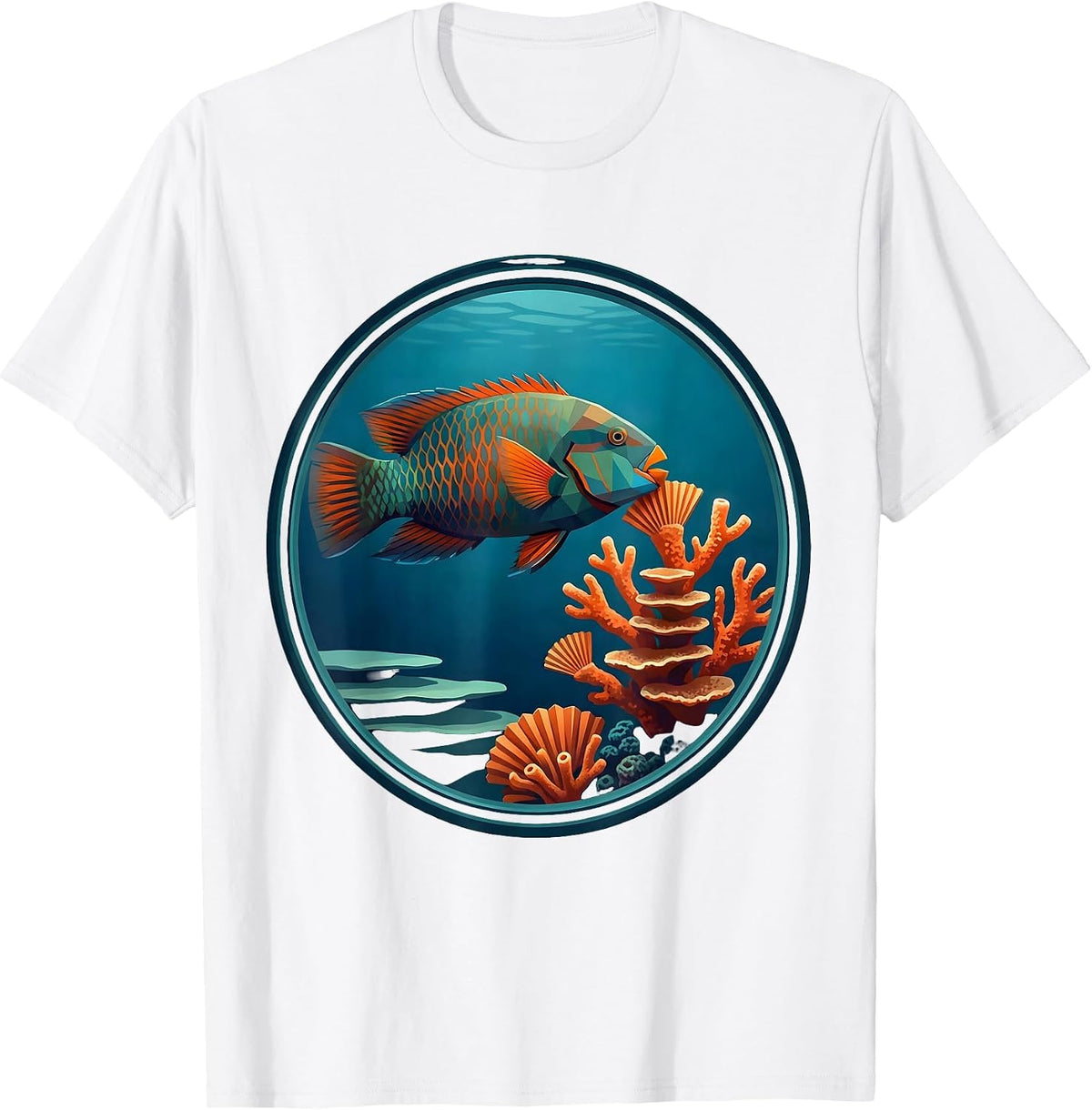 Men's Parrot Fish Nibbling Rainbow Coral Hawaiian Design T-Shirt - White
