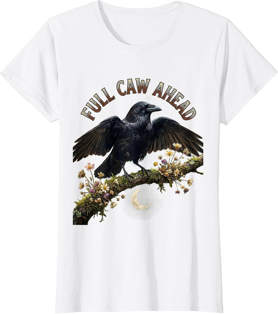 Women's Full Caw Ahead Funny Crow Bird Design T-Shirt - White