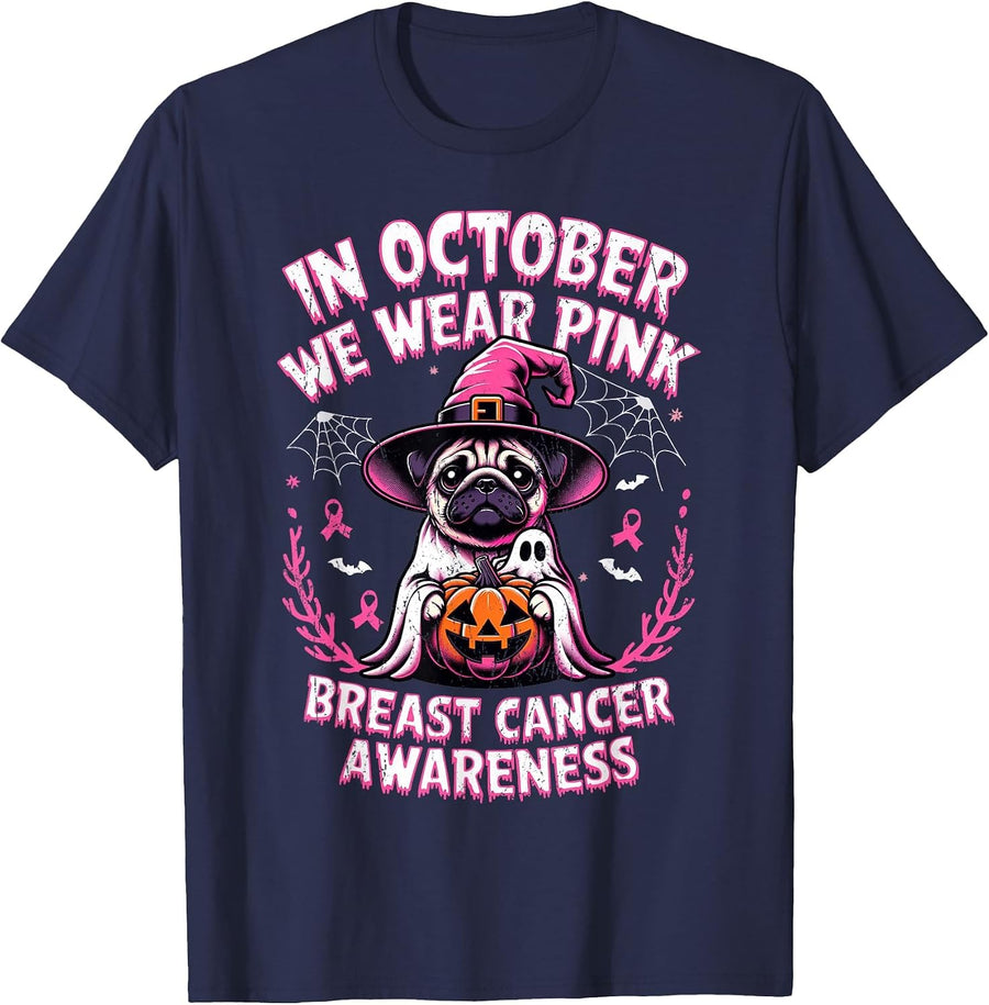 in October We Wear Pink Ghost Pug Breast Cancer T-Shirt - Navy Blue
