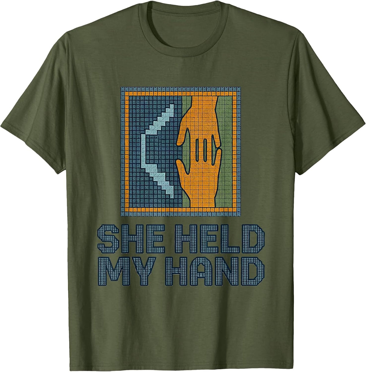 Men's She Held My Hand Cross Stitch Mammography Tech Sonographer T-Shirt - Olive Green