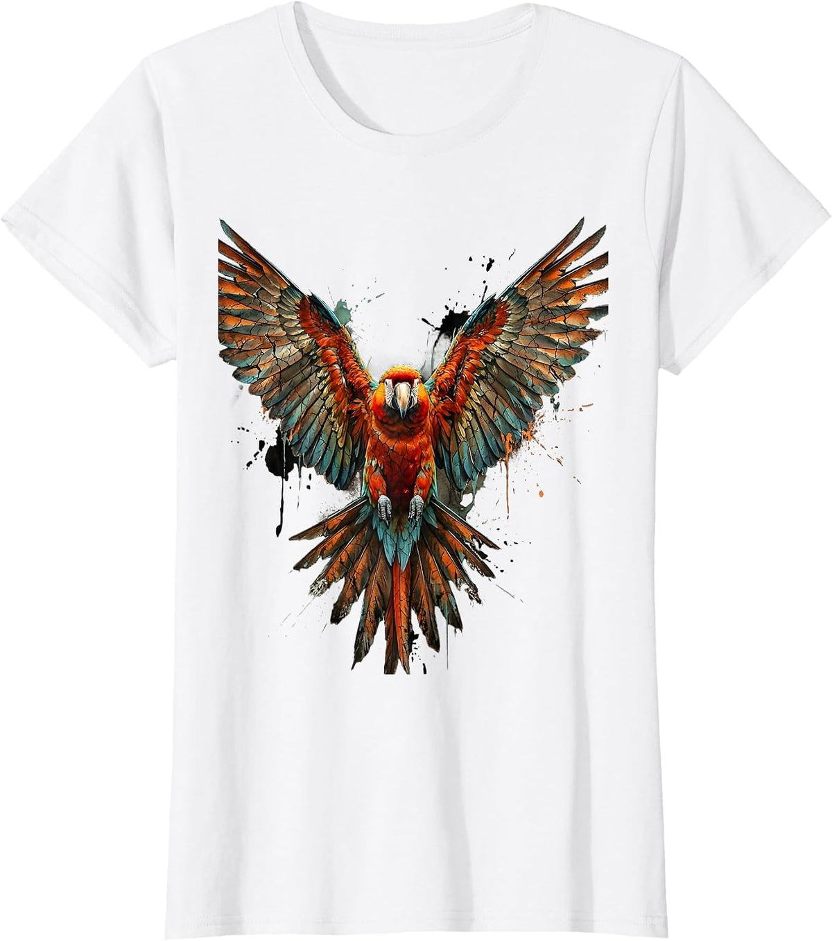 Parrot in Flight Spread Wings Illustration T-Shirt - White