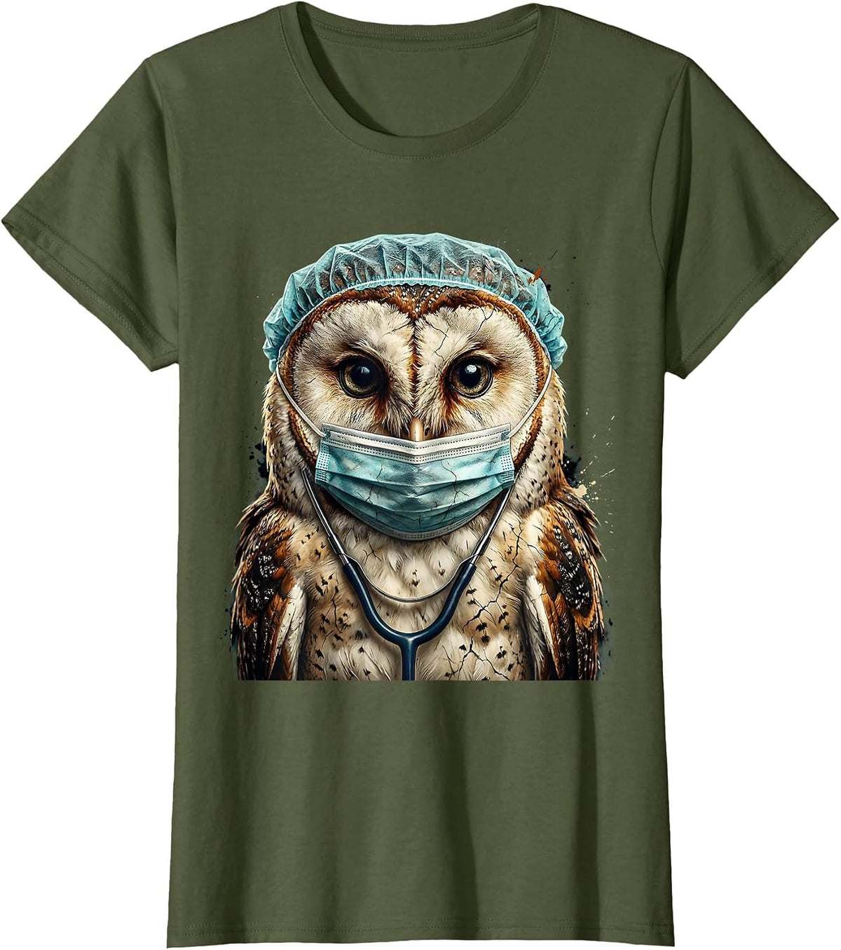 Women's Nurse Owl Surgical Mask and Cap Illustration T-Shirt - Olive Green