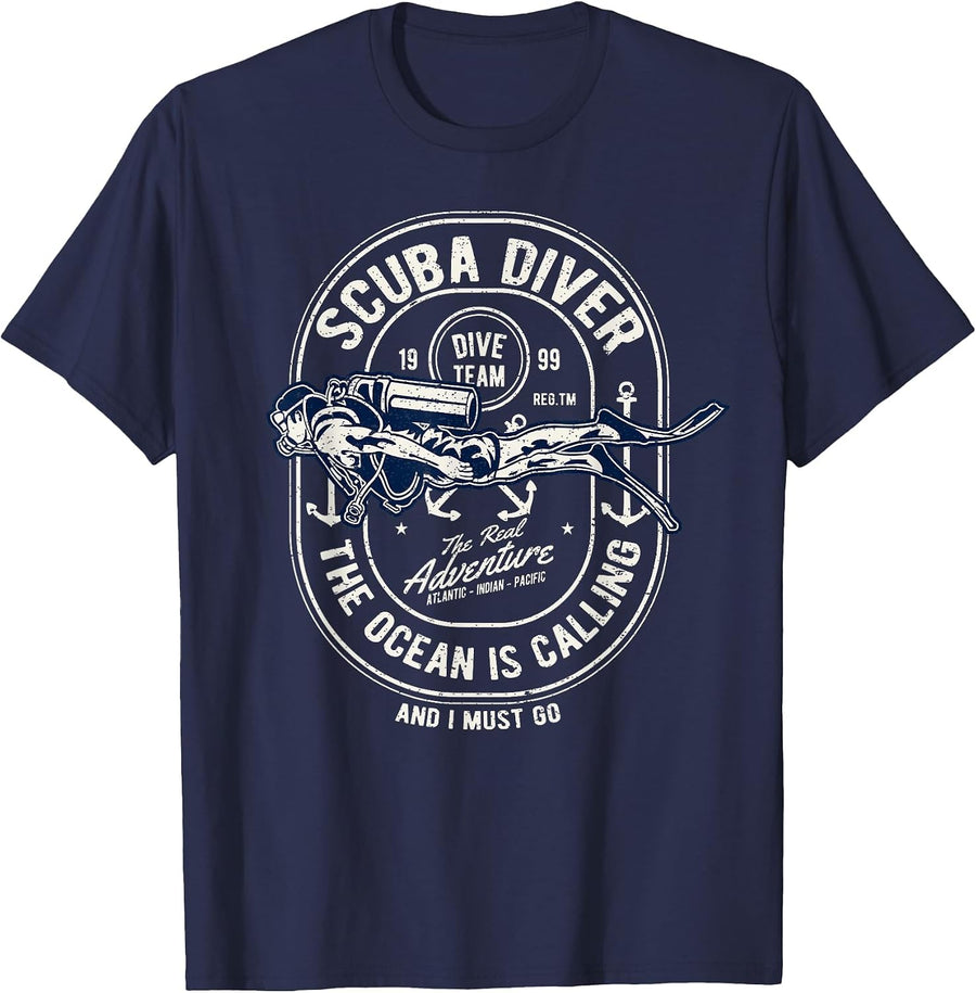Vintage Retro Diver Distressed Scuba Diving T-Shirt - Navy Blue