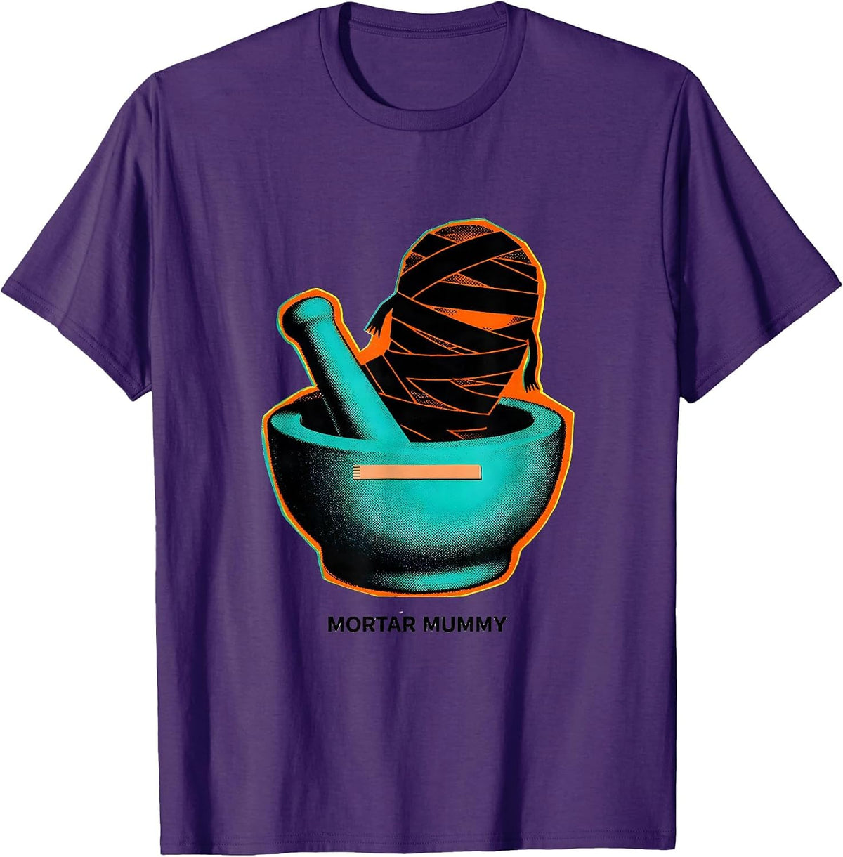 Men's Mortar Mummy Risograph Halloween Pharmacy Tech Crew T-Shirt - Purple