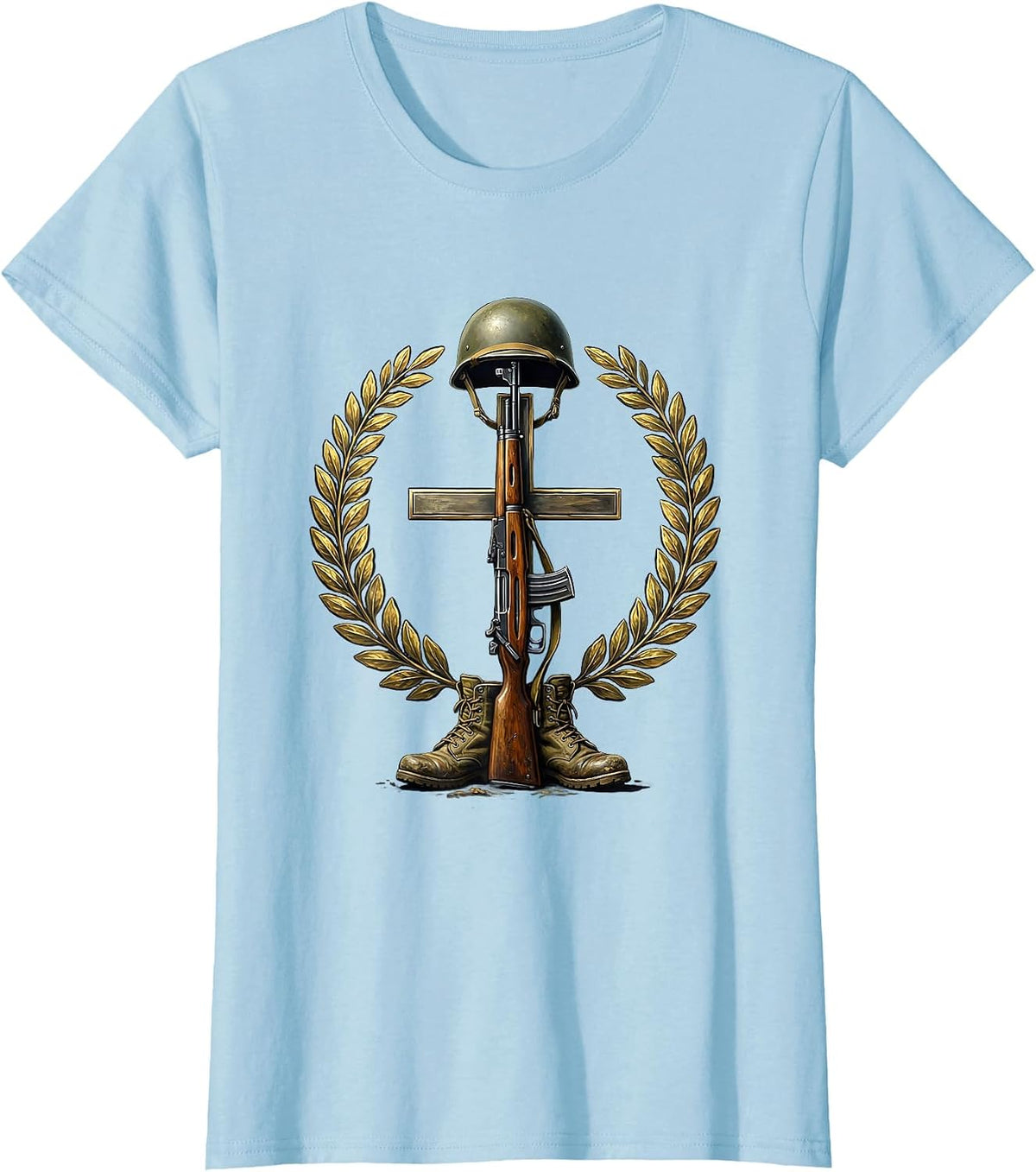 Fallen Soldier Memorial Rifle and Helmet Graphic T-Shirt - Baby Blue