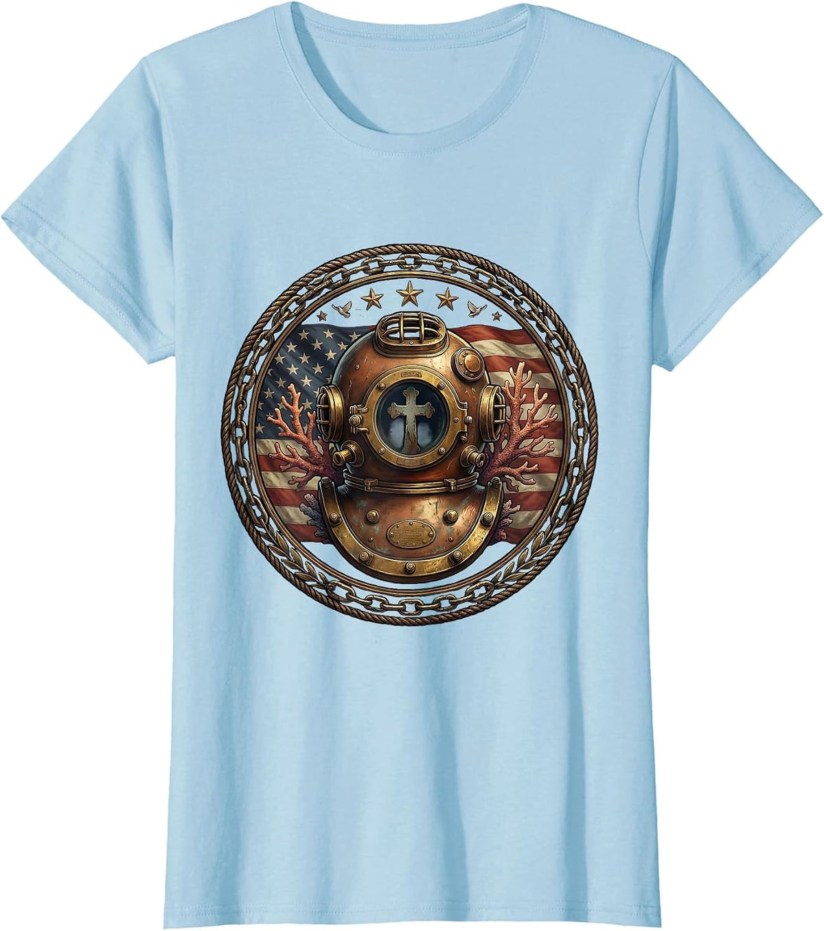 Red White and Blue Diving Helmet Coral Stars T-Shirt - Baby Blue